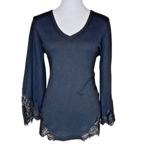 Soft Surroundings Black Lace Trim V-Neck Wool Blend Bell Sleeve Sweater Tunic S - Picture 2 of 13